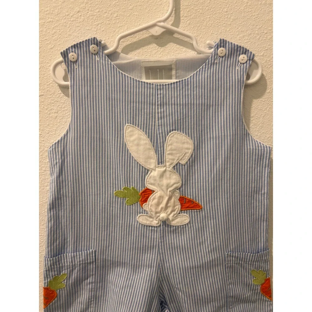 Lil Cactus Boys Blue Seersucker Bunny Carrot Easter Romper Shortall 3T‎